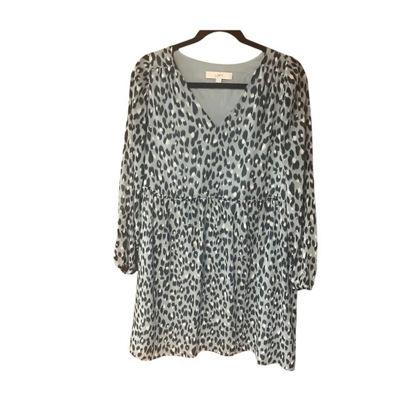 Loft Blue Leopard Print V-Neck Swing Dress - Picture 1 of 6